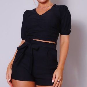 PUFF SLEEVE BOHO TOP SHORT SET- Black